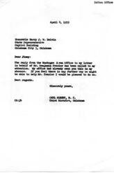 ["The document is a series of letters between various individuals and offices regarding Mr. Benjamin Frazier from Boswell, Oklahoma, who is having difficulty withdrawing $500 from his Individual Indian money account to pay debts. Congressman Carl Albert and State Representative Harry J. W. Belvin are working to resolve the issue and ensure Mr. Frazier receives the assistance he needs. Belvin expresses concern about the treatment of restricted Indians by area officials and offers support for any efforts to improve the Indian service."]