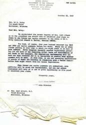 ["Mrs. Ed S. Haley is inquiring about how to establish her right to share in any future per capita payments as the widow of Ed S. Haley. The Bureau of Indian Affairs informs her that there are no pending claims at the moment, but when future payments are authorized, there will be wide publicity and opportunity to file proof of heirship. Congressman Carl Albert also reaches out to the Area Director on her behalf to inquire about the necessary steps to establish her heirship for future payments."]