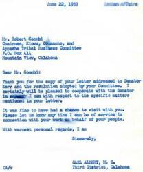 ["The document is a response from Carl Albert, a Congressman from Oklahoma, to Robert Goombi, Chairman of the Kiowa, Comanche, and Apache Tribal Business Committee. Goombi had sent a letter to Senator Kerr regarding several cases pending in the Solicitor's Office, including a contract with an attorney, title to property, tribal constitution amendments, and an estate case. The Committee had passed a resolution authorizing legal representation, but the contract was disapproved by the Area Director. The document also includes the resolution passed by the Committee."]