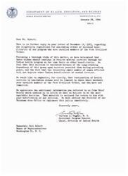 ["The Department of Health, Education, and Welfare has decided that non-Indian widows of deceased beneficiaries of the Indian health program who were enrolled members of the Five Civilized Tribes should continue to receive medical services on the same basis as other beneficiaries. This decision is based on the long-standing dependency of the group on these services and the minimal impact on other Indian beneficiaries. The continuation of health services is limited to widows whose husbands were enrolled members of the Five Civilized Tribes and who have not remarried. The decision was made after a thorough study and additional information provided by Chief Belvin. The Oklahoma Area Office has been instructed to implement this policy immediately."]