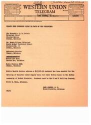 ["The document provides information on different classes of domestic and international telegram services offered by Western Union. It also includes terms and conditions for sending messages, as well as a sample message regarding a contract for drilling water wells for rural Indian homes. The document also outlines the sender's responsibilities and liabilities when sending messages through the Telegraph Company."]