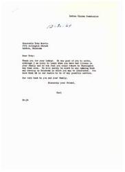 ["The document is a response from Toby Morris to Carl Albert; thanking him for his consideration in potentially appointing him to the Indian Claims Commission. Toby expresses gratitude for the offer but explains that due to family illness; he is unable to return to Washington at this time. He mentions his current plan to continue his research and work in manufacturing in Oklahoma; but is open to opportunities in public service or law in the future. Toby also mentions that he will reach out to Carl if he hears of any suitable positions and appreciates any assistance."]