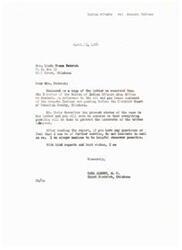 ["The document exchange between Mrs. Linda Diana Patrick and Congressman Carl Albert regarding the oil and gas lease contract of the Arapaho Indians in Oklahoma. The Bureau of Indian Affairs Area Office at Anadarko is involved in the case, with the tribes experiencing difficulty over the funds and a lawsuit being filed in the State District Court. Congressman Albert is seeking further information to assist Mrs. Patrick in resolving the matter and ensuring the interests of the tribes are protected."]
