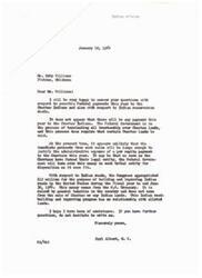 ["The document from Mr. Osby Williams to Congressman Carl Albert inquires about possible Federal payments to the Choctaw Indians and the building and improving of Indian reservation roads. Congressman Albert responds by stating that there will likely be no payment to the Choctaw Indians this year due to the termination of trusteeship over Choctaw lands. He also explains that the funds for Indian road projects come from the U.S. Treasury through general taxation and are not related to the sale of Indian lands. Congressman Albert assures Mr. Williams that he is happy to assist with any further questions he may have."]