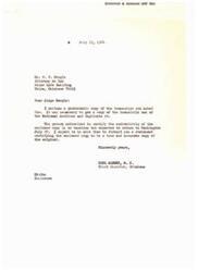 ["The document consists of correspondence between W. F. Semple, an attorney at law in Tulsa, Oklahoma, and Honorable  Carl Albert, a member of Congress from Oklahoma. Semple is requesting certified copies of transcripts for a case involving the Act of August 4, 1947, and reimbursement for expenses incurred in handling tribal affairs. Albert confirms approval of Semple's expense account and offers assistance in obtaining the necessary documents."]