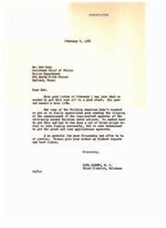 ["Congressman Carl Albert expresses his appreciation to Assistant Chief of Police Bob Wade for his support in getting the approval for the Talihina water project. Wade also thanks Albert for his efforts in changing a ruling regarding medical services for non-Indian widows of deceased Indians. The clipping from the Talihina American newspaper highlights the details of the water project, which will benefit the community. Both parties express gratitude for each other's help and support."]