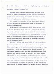 ["Non-Indian widows of deceased beneficiaries of the Indian Health Program who were enrolled members of the Five Civilized Tribes can now receive medical services through the program on the same basis as other beneficiaries. This change in policy was announced by Congressman Carl Albert after he urged the Public Health Service to allow these widows to access hospital and medical care. The continuation of health services for non-Indian widows will be limited to those whose husbands were enrolled members of the Five Civilized Tribes and who have not remarried."]