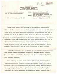["The Department of Health, Education, and Welfare's Public Health Service Division of Indian Health Area is working with Indian Health Service Unit Directors and Hospital Administrative Officers in a four-state area to plan health activities by objective. A conference in Oklahoma City will include presentations on the Indian viewpoint, relationships with Indian groups, and other topics related to health planning and management. Various workshops and discussions will cover topics such as hospital accreditation, public health nursing, sanitation, and oral health. Medical directors and administrators from multiple Service Units in Oklahoma, Kansas, North Carolina, and Mississippi will be attending the conference."]