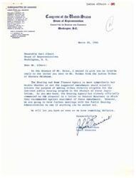 ["The document discusses proposed amendments to the United States Housing Act of 1937 submitted by the Indians of Western Oklahoma, aimed at allowing various Indian tribes to participate in the low-rent housing program. The Housing and Home Finance Agency is sympathetic but doubts the effectiveness of the proposed amendments in achieving this goal, as they may not provide the necessary governmental powers required for participation in the program. The document also highlights the lack of existing State legislation in Oklahoma to accommodate the creation of housing authorities for Indian Tribes. The document concludes by stating that further discussions and considerations may be necessary to address the housing needs of Indian tribal groups."]