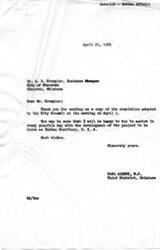 ["The City Council of Checotah, Oklahoma adopted a resolution on April 5, 1965 in support of the establishment of an Indian Exposition, Pageant, and Tourist Entertainment Center known as Indian Territory, U.S.A. The resolution stated that the project would be economically beneficial to the city and community. They requested assistance from Honorable Carl Albert to help make the project successful. Carl Albert expressed his willingness to assist with the development of the project in a letter dated April 21, 1965."]