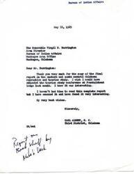 ["The document is a letter from Carl Albert, a member of the House of Representatives, thanking the Bureau of Indian Affairs for sending him a copy of the final report on the eastern and south central Oklahoma recreation and tourism study. Albert expresses interest in the report and regrets not being able to attend the tourism study conference. The document is dated May 18, 1965."]