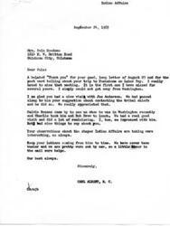 ["The document is a response from Carl Albert to Sula Goodman, thanking her for her letter and updates on recent events. He mentions meeting with Calvin Beames and Joe Anderson, and discusses the changing landscape of Indian Affairs. Sula also shares observations and updates on various individuals and requests assistance with letters and communication. The document ends with Sula expressing appreciation and asking for help in providing support to others."]