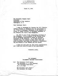 ["The document is a series of letters and resolutions recommending Houston Bus Hill, a Choctaw Indian attorney, for the position of Assistant Secretary of the Interior in charge of Indian Affairs or Public Land Management. Various individuals and tribal councils express their support for Hill's appointment, citing his qualifications, experience, and loyalty to the Democratic party. The documents highlight Hill's legal expertise, experience with Indian affairs, and endorsement from the Choctaw Tribal Council."]