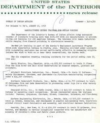 ["The Bureau of Indian Affairs has renewed contracts with six manufacturers to provide on-the-job training for 236 American Indians in various industrial skills. The training is part of the Employment Assistance Program to help reservation Indians find jobs. The companies involved include Harry Winston, Inc., Mitchell Furniture Industries, Inc., Northern Cedarcraft Products, Inc., Sequoyah Mills, Inc., Systems Engineering Electronics, Inc., and Venride, Inc. The total contract amount is over $150,000."]
