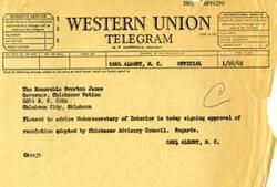 ["The document is a series of correspondences between Carl Albert, a Congressman, and Overton James, Governor of the Chickasaw Nation, regarding Resolution No. 8 adopted by the Chickasaw Advisory Council. The resolution recommends changing the compensation of the Governor to a salary of $250 per month, along with allowances for mileage and per diem expenses. The documents discuss the status of the resolution and efforts to get it approved by the Secretary of the Interior."]