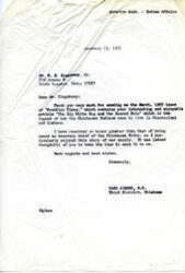 ["The document is a thank you letter from Carl Albert, a member of Congress from Oklahoma, to Mr. R. H. Kingsbury Jr. for sending him a copy of \"Frontier Times\" magazine containing an article about the Chickasaw Indian tribe. Albert expresses his gratitude for being named an honorary chief of the tribe and appreciates the article about their history."]