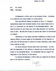 ["The document discusses the remaining unclaimed funds belonging to the Chickasaw Nation held by the United States Treasury, amounting to over $58,000. Efforts have been made to locate the rightful owners but with no success, leading to a proposal to restore the funds to tribal ownership under legislation enacted in 1961. Governor Overton James supports this proposal, and the Department of the Interior is seeking approval from the Senate and House Committees on Interior and Insular Affairs to proceed with the restoration."]