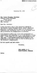 ["The document is a letter from Carl Albert, M.C. to Mrs. Sophia Steedman, Secretary of the Pontotoc County Chickasaw Tribal Council, acknowledging receipt of a resolution expressing gratitude to Governor Overton James for his leadership and service to the Chickasaw tribe. Albert also mentions that he has recommended James for reappointment as Governor. The resolution highlights James' efforts to improve the social and economic status of tribal members and represents the tribe with dignity and honor. The resolution is recommended to be sent to the Secretary of the Interior and Commissioner of Indian Affairs."]