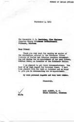 ["The document includes two resolutions from the Johnston County and Carter County Chickasaw Tribal Councils recommending the re-appointment of Overton James as Governor of the Chickasaw Nation. Congressman Carl Albert expresses his support for James' re-appointment and praises his leadership and service to the Chickasaw Tribe. The resolutions highlight James' dedication to improving the social and economic status of Tribal members and his representation of the Chickasaw Tribe with dignity and honor. Both councils express confidence in James' leadership and recommend his re-appointment to key officials and members of the Oklahoma Congressional Delegation."]