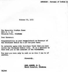 ["The document is a series of congratulatory letters regarding the reappointment of Overton James as Governor of the Chickasaw Nation for a new two-year term. The documents express support for James and his service to the Chickasaw Nation, offering assistance and outlining the terms of his reappointment."]