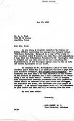 ["The document from Mr. Carl Albert to Mrs. W.A. Neal discusses her design of a wall plaque called \"Chickasaw Sunburst\" and refers her to the Bureau of Indian Affairs for assistance in obtaining a trademark and finding market outlets. Mr. Albert also mentions forwarding Mrs. Neal's letter to Congressman Tom Steed for further assistance. The Bureau of Indian Affairs responds to Mr. Albert's letter, explaining the functions of the Indian Arts and Crafts Board and offering assistance to Mrs. Neal in promoting and selling her design. Mrs. Neal's original letter expresses her interest in selling her design and highlights the importance of supporting Native American artisans."]