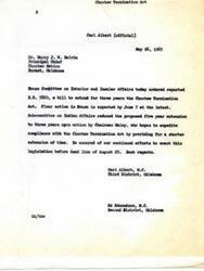 ["The document discusses the Choctaw Termination Act and the efforts to extend it for three years. Congressman Carl Albert and Ed Edmondson are involved in the process and have successfully passed the bill in the House of Representatives. The Principal Chief of the Choctaw Nation, Harry J. W. Belvin, expresses gratitude for their support and urges Senator Fred R. Harris to help pass the bill in the Senate before the deadline of August 24, 1965. The extension of the Choctaw Termination Act is crucial for the future of the Choctaw Tribe."]