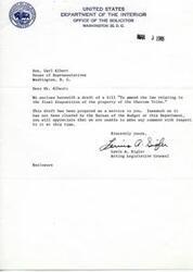["The document includes correspondence between government officials regarding a bill to amend the law relating to the final disposition of the property of the Choctaw Tribe. The bill proposes to extend the Choctaw Termination Act for an additional five years. The Bureau of Indian Affairs advises a straight extension of the Act to eliminate obstacles. Congressman Ed Edmondson is asked to introduce the bill."]