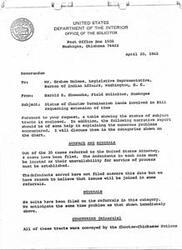 ["The memo discusses the status of Choctaw Termination lands involved in a bill requesting an extension of time. It covers issues with surface and mineral rights, cemeteries, surveying, and title information. It outlines the need for accurate information and the potential need for quiet title litigation before sale. The memo concludes with a request for further assistance and the hope that the information provided will aid in presenting the case for an extension of time."]