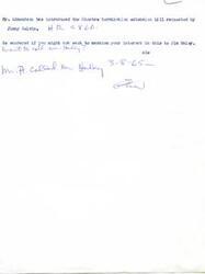 ["Mr. Edmondson has introduced the Choctaw termination extension bill as requested by Jimmy Belvin. He suggests mentioning interest in the bill to Jim Haley and potentially calling him. A call to Mr. Haley was made on 3-8-65."]