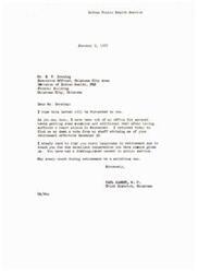 ["The document consists of two letters regarding the Indian Public Health Service. The first letter is from Carl Albert, a congressman, congratulating Mr. E. V. Downing on his retirement and thanking him for his cooperation. The second letter is from C. Joe Holland, director of the School of Journalism at the University of Oklahoma, expressing interest in Mrs. Sula Goodman's thesis on public information responsibilities in public health and requesting suggestions for finding financial assistance for her research. Additionally, there is a memorandum summarizing the results of a questionnaire about two area publications, \"Talking Leaves\" and \"PHS Personals,\" and announcing changes to improve the content and distribution of the newsletters."]