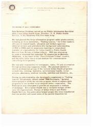 ["Sula Saltsman Goodman served as a Public Information Specialist for the Indian Health Area Director in Oklahoma City, where she was responsible for creating communication channels between various agencies and tribes regarding Indian health programs. She also assisted in tribal relations and was deeply committed to Indian conservation. Goodman's background in journalism and public relations, as well as her dedication to Indian culture, made her successful in her role. Dr. Herbert A. Hudgins, Associate Regional Health Director, recommends Goodman for further research in public health communication."]