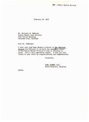 ["Carl Albert congratulates Dr. Benjamin E. McBrayer on the impressive report on the Indian Health Division's work in Oklahoma as detailed in an article by Hugh Morgan in The Oklahoma Journal."]