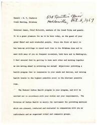 ["H.V. Chadwick, a DIH Executive Officer, spoke at a meeting in Oklahoma in 1967, expressing gratitude for the cooperation of the Creek Tribe in improving the health program for Native Americans. He highlighted recent changes and improvements in the Oklahoma Area Indian Health operation, including new leadership appointments, policy changes, and training programs for dental assistants. Chadwick also cited statistics showing significant improvements in health outcomes for Native Americans over the past decade, largely attributed to legislation providing water and waste disposal facilities. The Public Health Service has been working with various agencies and tribal groups to improve housing for Indian communities as well."]