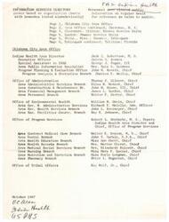 ["The document is an Information Services Directory from October 1967 for the Oklahoma City Area Office of Indian Health. It provides a list of personnel, their titles, and the services they provide in various service units such as Cherokee, N.C., Claremore, Clinton, and Kansas. The directory includes information on the Area Director, Executive Officer, Public Information Specialist, Program Planning & Evaluation Office, Administration Office, Environmental Health Office, Program Services Office, and Tribal Affairs Office. It also includes contact information for medical officers, dental officers, pharmacists, nurses, and other staff members in different service units."]