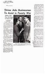 ["Sargent Shriver, national director of the Office of Economic Opportunity, asked for assistance from Oklahoma businessmen in the war on poverty. He encouraged them to employ Job Corps graduates and work together to guarantee job opportunities for them. Plans for a $300,000 to $400,000 community facility in Hugo were unveiled, with support from local citizens and tribal interests. The facility, located at the geographic center of the region, would serve as a transportation hub, recreational gateway, and cultural and educational center."]
