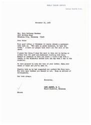 ["The document is a letter written to Mrs. Sula Saltsman Goodman from Carl Albert, discussing nostalgia for Oklahoma and reminiscing about a visit with a family in the Kiamichis. The document also mentions a conference for the Oklahoma Health and Welfare Association and updates on various individuals and their health conditions. Additionally, there is mention of a family friend in Oklahoma City and plans for deer hunting."]
