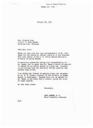 ["Mrs. Roberta Lowe wrote a letter of recommendation for Mr. John Spaan for the executive officer position in the U.S. Public Health Service's Division of Indian Health in Oklahoma City. Although the position had already been filled, the recommendation was passed along to Dr. E. S. Rabeau in case a vacancy occurs in the future. Mrs. Lowe highlighted Mr. Spaan's dedication, leadership qualities, and commitment to the well-being of the Indian people. Congressman Carl Albert acknowledged the recommendation and forwarded it to Dr. Rabeau."]