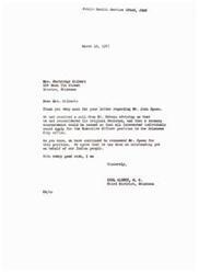 ["Mrs. Gilbert received a response from Carl Albert regarding the reconsideration of Mr. John Spaan for an Executive Officer position in the Oklahoma City office. Dr. Rabeau had changed his decision and a vacancy announcement would be issued for interested individuals to apply. Mrs. Gilbert expressed excitement and relief that Mr. Ellis from Alaska would not be coming to Oklahoma, making it easier for Mr. Spaan to be chosen for the position. She also mentioned that others would be writing to express their support for Mr. Spaan."]