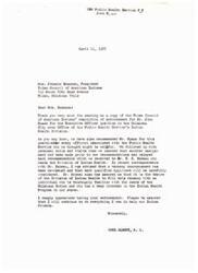 ["The Tulsa Council of American Indians endorsed Mr. John Spaan for the Executive Officer position in the Public Health Service's Indian Health Division in Oklahoma City. They believe he is qualified for the position and would be dedicated to serving the Oklahoma Indian community. Congressman Carl Albert thanked them for their endorsement and assured them of his support."]