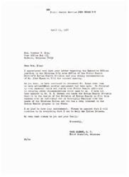["Mrs. Woodrow W. King wrote a letter to Congressman Carl Albert recommending Mr. John Spaan for the Executive Officer position in the Public Health Service's Indian Health Division in Oklahoma City. Congressman Albert responded, thanking Mrs. King for her endorsement and assuring her that he will continue to support the Indian Health program in the state."]
