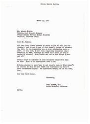 ["The document consists of two letters, one from Carl Albert, M.C. and the other from John Spaan, both commending Leborn Riddle for his outstanding work as the Building and Grounds Manager at the Public Health Service Indian Hospital in Talihina, Oklahoma. They express their appreciation for Riddle's dedication, leadership, and ability to create a positive work environment. Spaan also highlights the importance of management philosophy in motivating employees to achieve extraordinary results. Both letters congratulate Riddle and wish him and his family a happy holiday season."]
