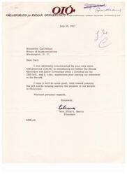 ["The document is from LaDonna, the President of OKLAHOMANS for INDIAN OPPORTUNITY, thanking Honorable Carl Albert for his warm remarks and support during her testimony on the OEO bill before the House Education and Labor Committee. She hopes that her statement will help in passing the bill and explaining the program to people in Oklahoma."]