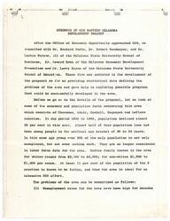 ["The document outlines a development project for Eastern Oklahoma, focusing on addressing high unemployment rates, lack of education, underutilized resources, and lack of leadership. The project includes three phases: an Experimental Employment Program to provide jobs and training, a Human Resources Development Program to improve education and training opportunities, and a New Employment Opportunities Program focusing on developing fish farming and activated carbon industries. The goal is to improve the economy and provide job opportunities for the people in the area."]