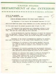 ["The Department of the Interior has recommended extending the Indian Claims Commission Act of 1946 for five years to address unresolved tribal claims against the United States. The recommendations include allowing more time for trials, providing continuances for claims cases, and allowing for appellate review of Commission orders."]