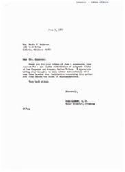 ["The document includes letters from Marie J. Andersen and Harvey Everett Nicholson expressing their support for a per capita distribution of judgment claims for the Cheyenne and Arapaho Indian Tribes. Representative Carl Albert acknowledges their support and assures them that he will keep their thoughts in mind when legislation concerning this matter comes before the House of Representatives."]