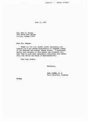 ["Mrs. Musman wrote a letter to Carl Albert expressing support for a per capita distribution of judgment claims for the Cheyenne and Arapaho Indian Tribes. She requested an individual distribution of the claims, rather than the existing programs recommended by the Bureau of Indian Affairs. Albert thanked her for her input and stated he would keep her thoughts in mind when legislation on the matter is considered."]