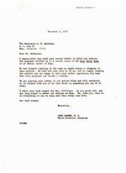 ["The document is from A.P. Matthews to man Carl Albert endorsing the proposal for an Indian Health Center in Hugo, Oklahoma. Matthews highlights the importance of such a center for medically indigent Indians and expresses support for Mrs. Wallace Jefferson's efforts in advocating for the center. He offers his assistance in any way possible to help make the center a reality. man Albert responds, thanking Matthews for his support and acknowledging the importance of the center."]
