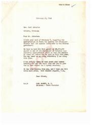 ["The document is from Carl Albert to Mr. Johnston discussing the appropriation of funds for payment for Chickasaw-Choctaw coal and asphalt lands sold to the Federal government. Albert hopes to have the full amount of $8,500,000 placed in a Department of Interior supplemental appropriation bill so that the members of the tribes can be paid in full that year. Albert also expresses sympathy for Johnston's nephew who broke his arm and asks for a speedy recovery. The document ends with Albert asking for more frequent correspondence."]