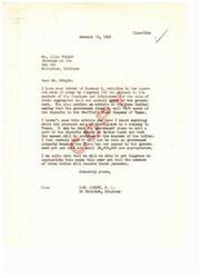["Mr. Allen Wright, an attorney at law, wrote to Congressman Carl Albert regarding the appropriation of money by Congress for the payment to the members of the Choctaws and Chickasaws for the sale of their segregated coal and asphalt lands to the government. Wright expressed concern about a news article stating that the government planned to sell part of the deposits to a company in Texas before paying the tribes. He urged for the immediate payment to the tribes and emphasized the importance of Congress being just with its own citizens. Congressman Albert responded, assuring Wright that he was confident Congress would appropriate the necessary funds and the tribes would receive their payments."]