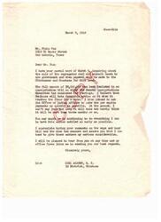 ["Mr. Finis Fox wrote a letter to Congressman Carl Albert inquiring about the sale of segregated coal and asphalt lands to the government and when payment will be made to the Chickasaws and Choctaws for this land. Congressman Albert responds that the full amount has been included in an appropriation bill and that he intends to have the Office of Indian Affairs make the per capita payments as quickly as possible. He also mentions that he will consider Mr. Fox's comments on the wage and hour bill and the oleo tax measure. Congressman Albert expresses his commitment to settling the matter as early as possible and sends his best regards."]